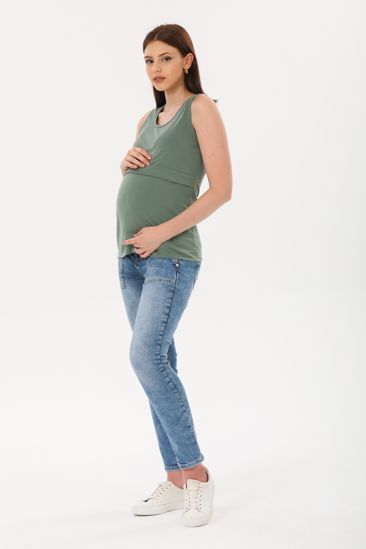 Haki Yeşil Emzirme Özellikli Askılı Hamile Tişörtü