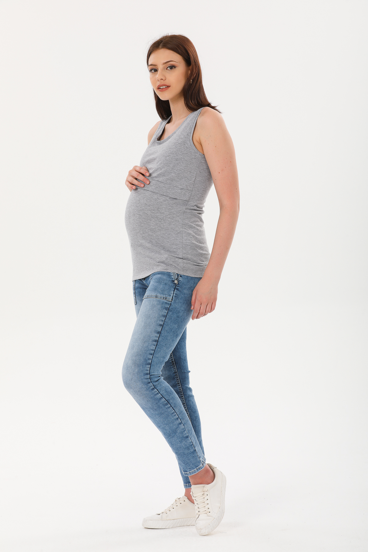 Gri Emzirme Özellikli Askılı Hamile Tişörtü