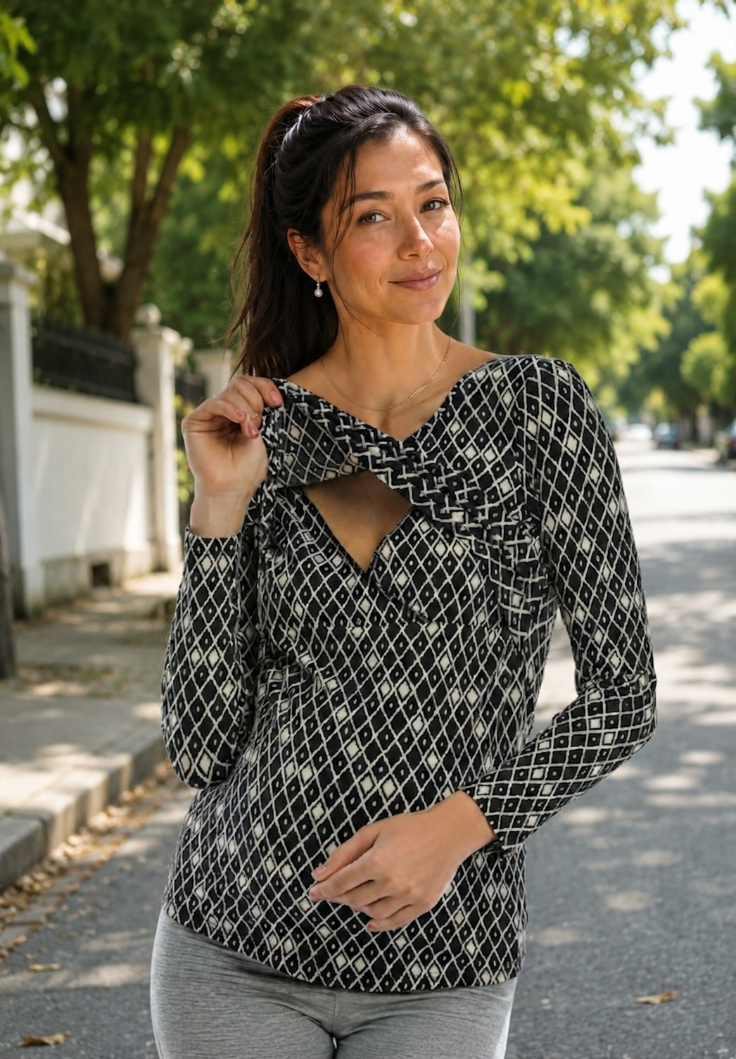 Perla Blanca Geometrik Desenli Siyah Krem Emzirme Bluz