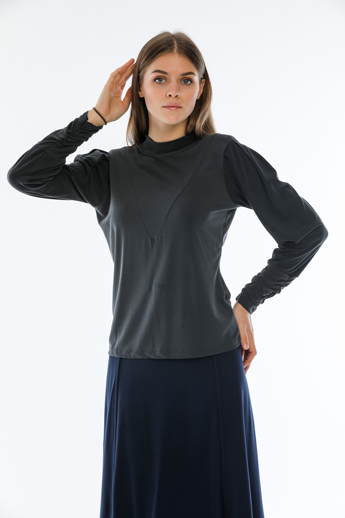 Perla Blanca Omuz Vatkalı Kollar Büzgülü Lacivert Modal Bluz