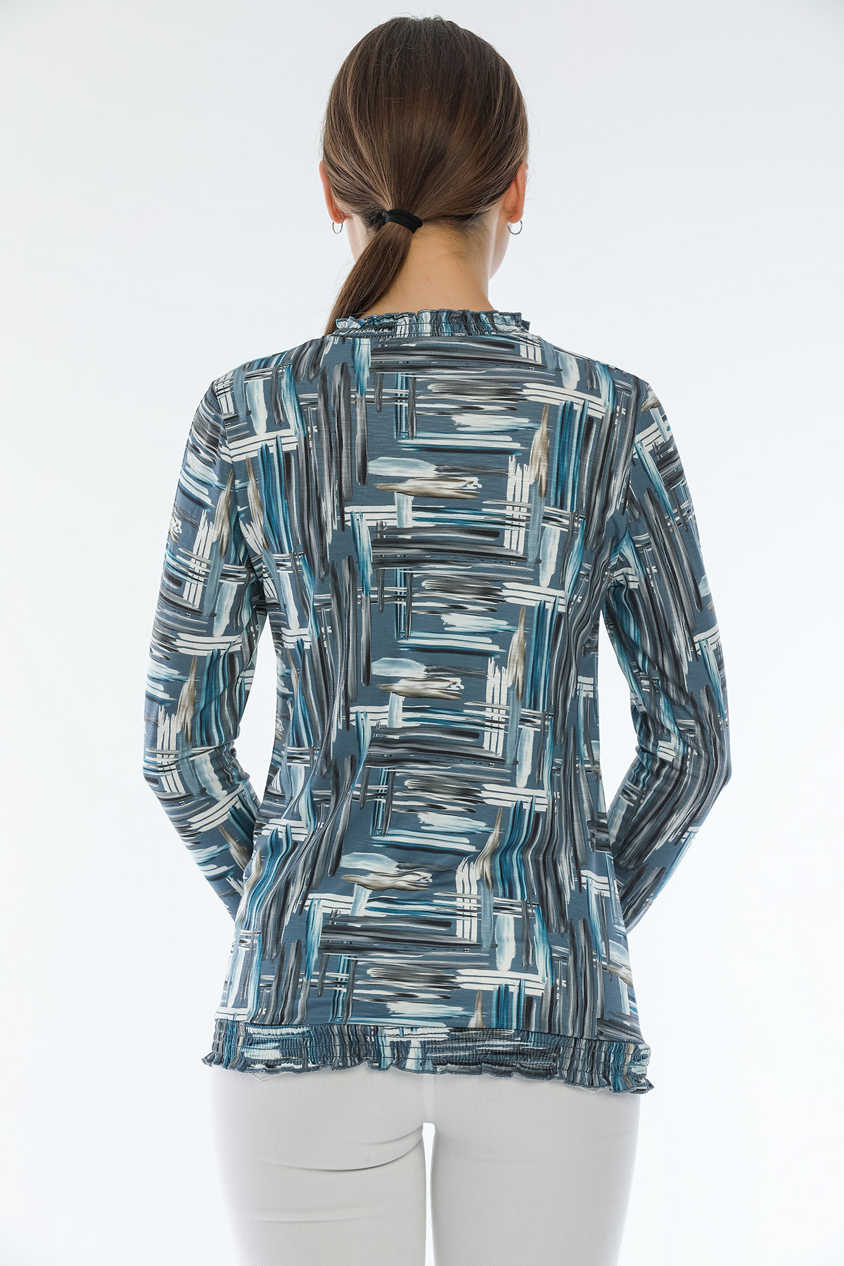 Dijital Baskılı Mavi Tonlar Yaka ve Etek Fırfırlı Bluz