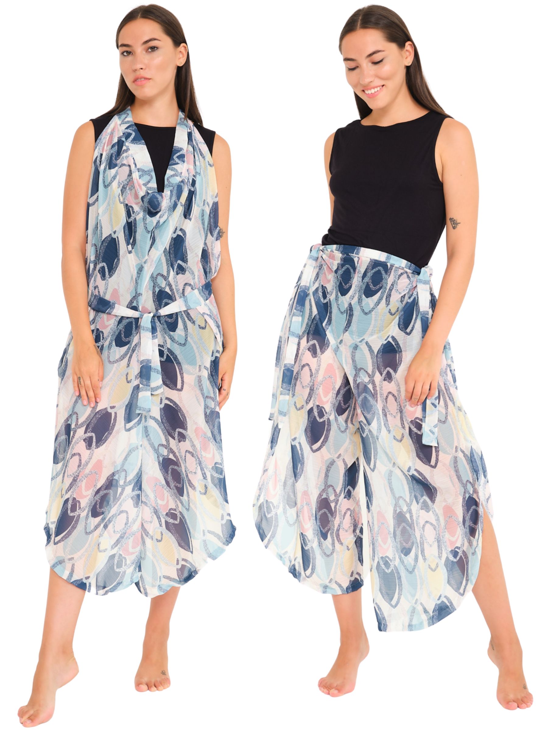 Mavi Tonlar Desenli Pantolon ve Elbise Özellikli Kemerli Tül Pareo