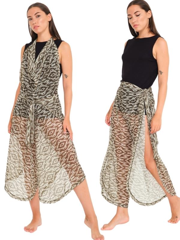 Yeşil Tonlar Çizgili Pantolon ve Elbise Özellikli Kemerli Tül Pareo