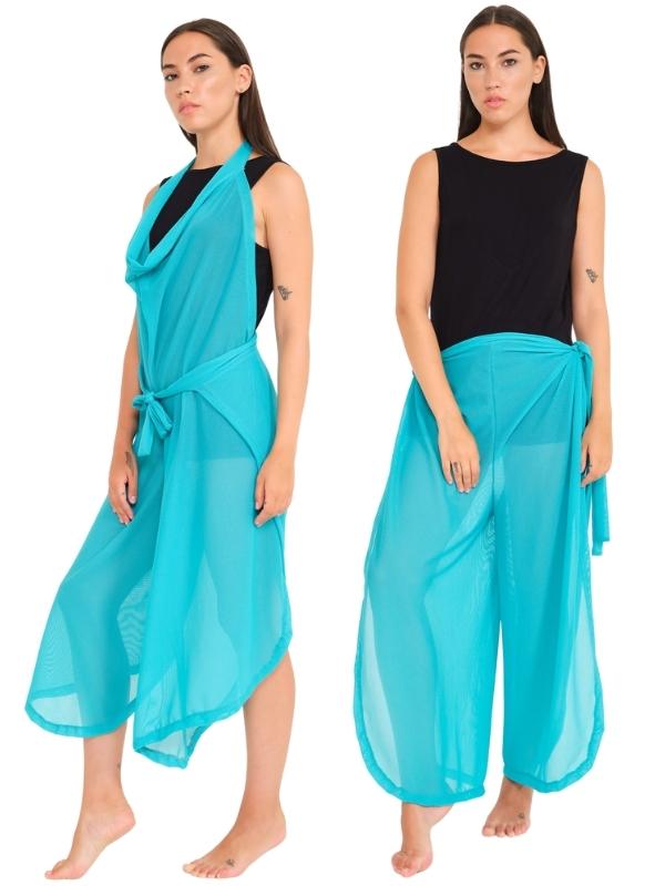 Turkuaz Renkli Pantolon ve Elbise Özellikli Kemerli Tül Pareo