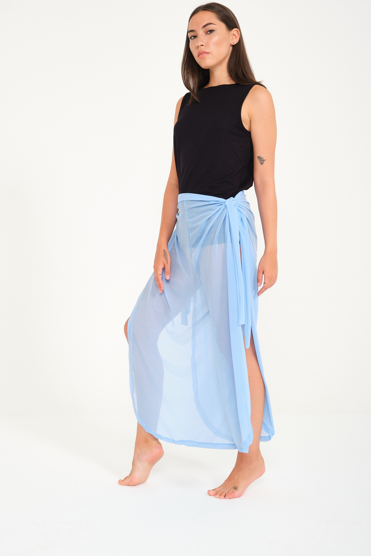 Mavi Renkli Pantolon ve Elbise Özellikli Kemerli Tül Pareo