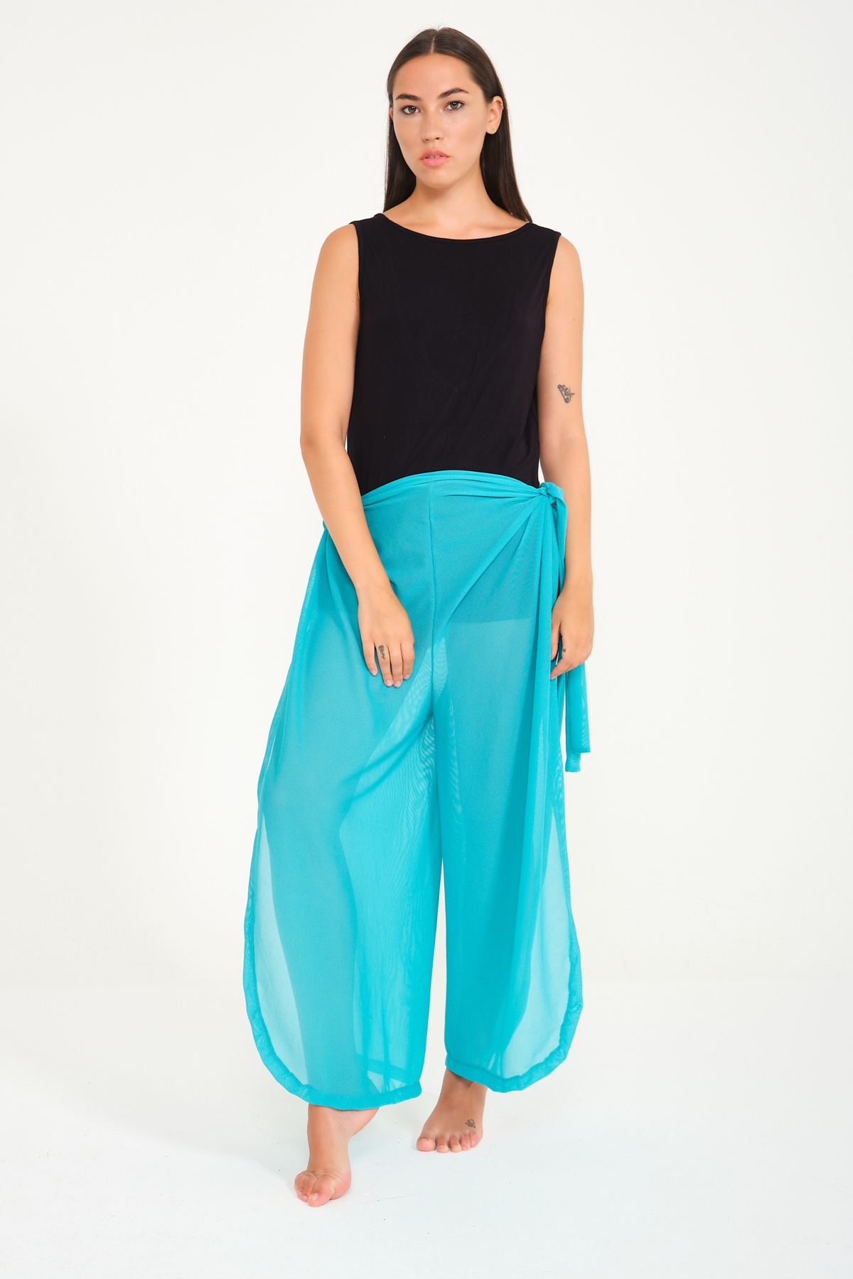 Turkuaz Renkli Pantolon ve Elbise Özellikli Kemerli Tül Pareo