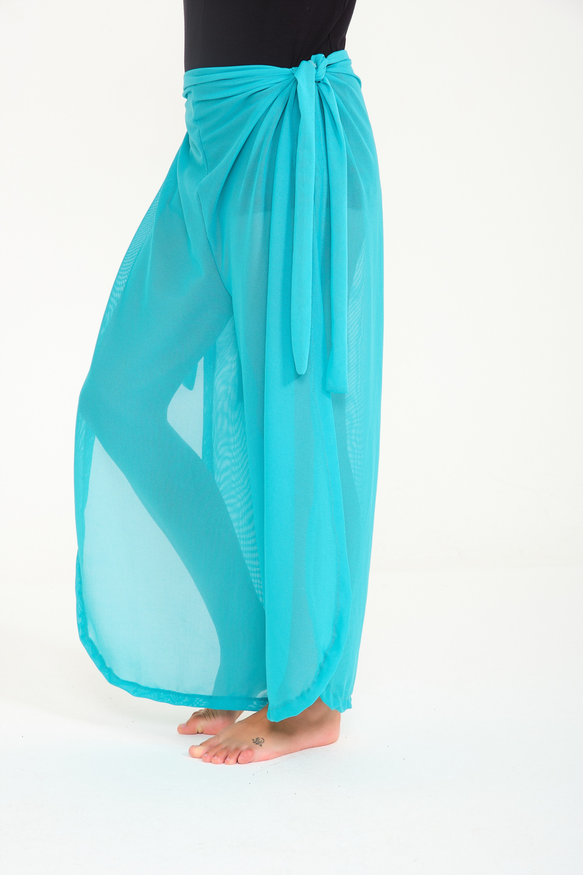 Turkuaz Renkli Pantolon ve Elbise Özellikli Kemerli Tül Pareo