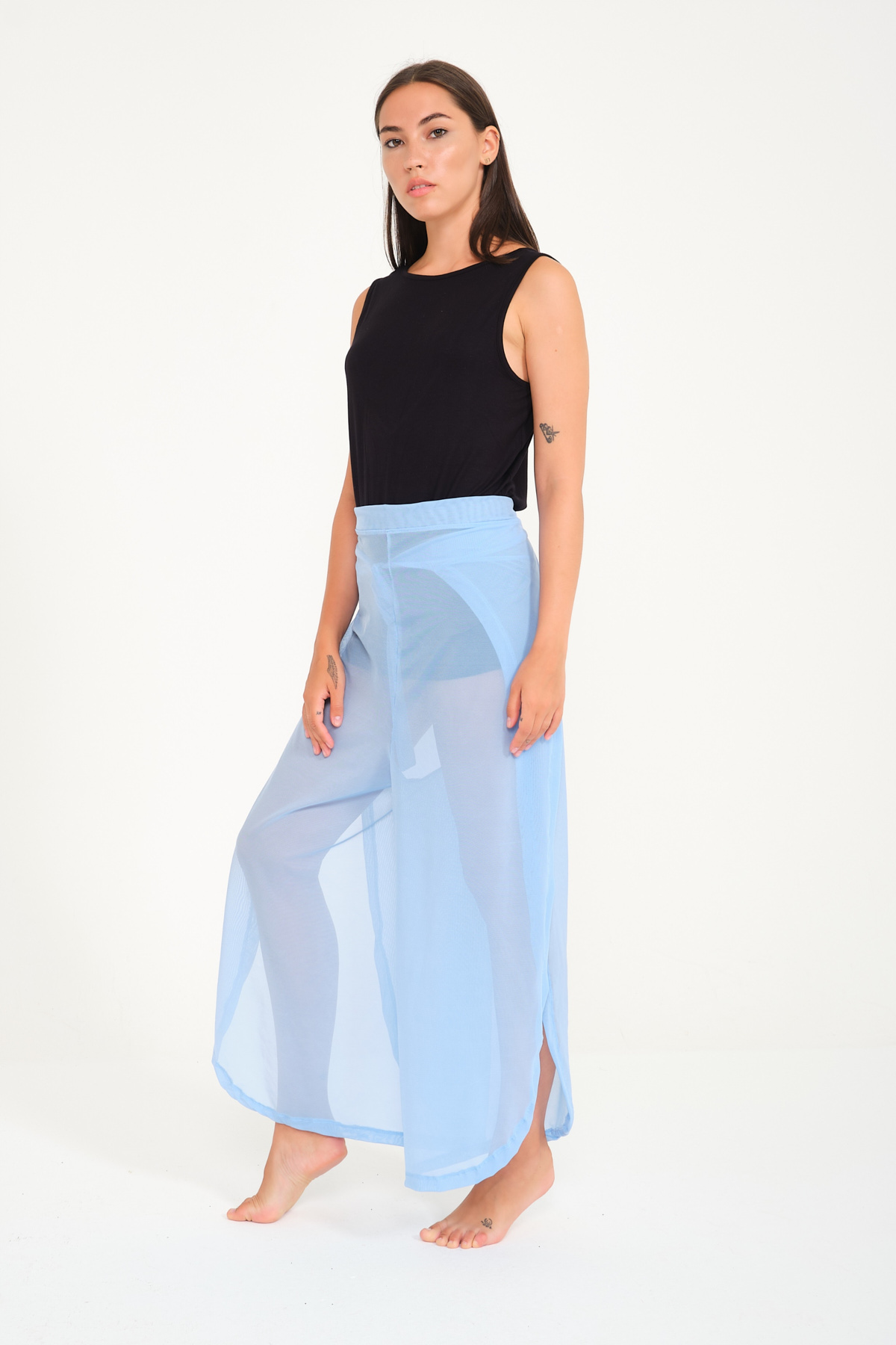 Mavi Renkli Pantolon ve Elbise Özellikli Kemerli Tül Pareo