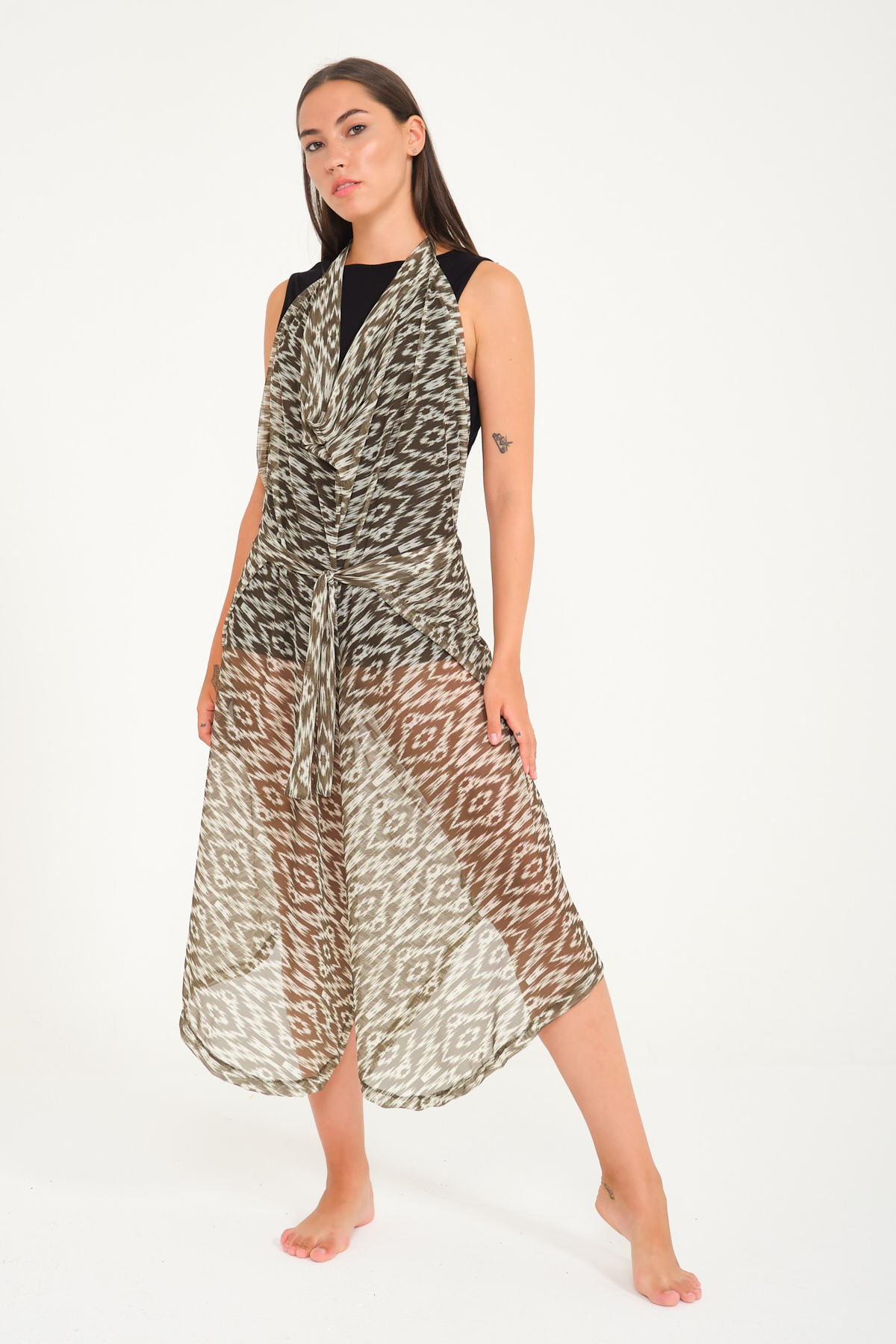 Yeşil Tonlar Çizgili Pantolon ve Elbise Özellikli Kemerli Tül Pareo