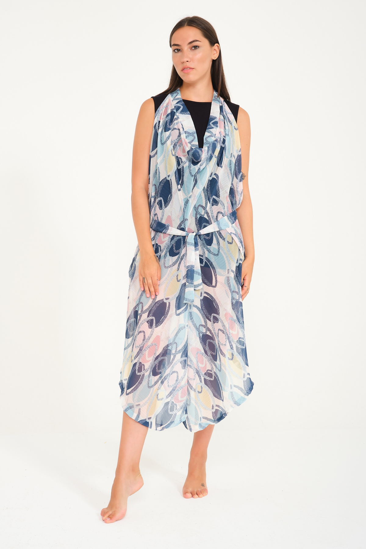 Mavi Tonlar Desenli Pantolon ve Elbise Özellikli Kemerli Tül Pareo