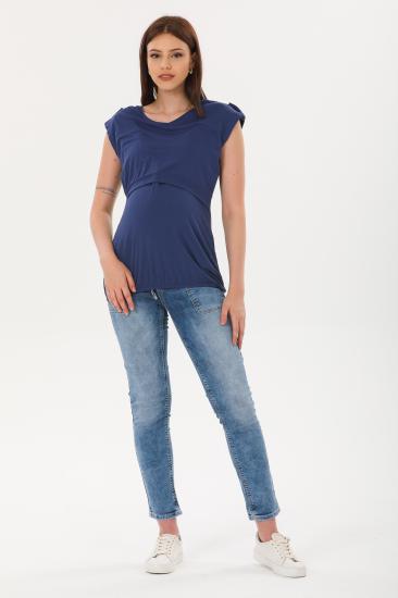 Mavi Emzirme Özellikli Omuz Detaylı Hamile Tişörtü