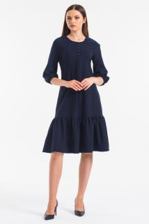 Lacivert Düğme Aksesuarlı Fırfırlı Elbise