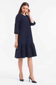 Lacivert Düğme Aksesuarlı Fırfırlı Elbise