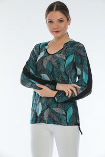 Yaprak Desenli Yeşil Tonlar Belden Bağcıklı Bluz